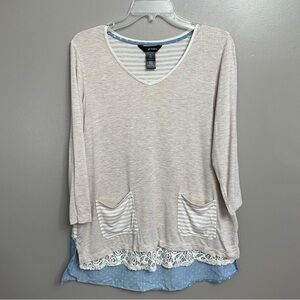 Ali Miles Blouse Womens Medium Tan Blue Lace Striped Pockets Tunic